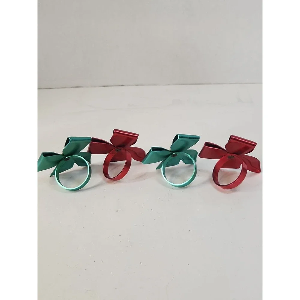 Vintage Metallic Metal Bow Napkin Rings Red Teal Mid Century Retro Set of 4